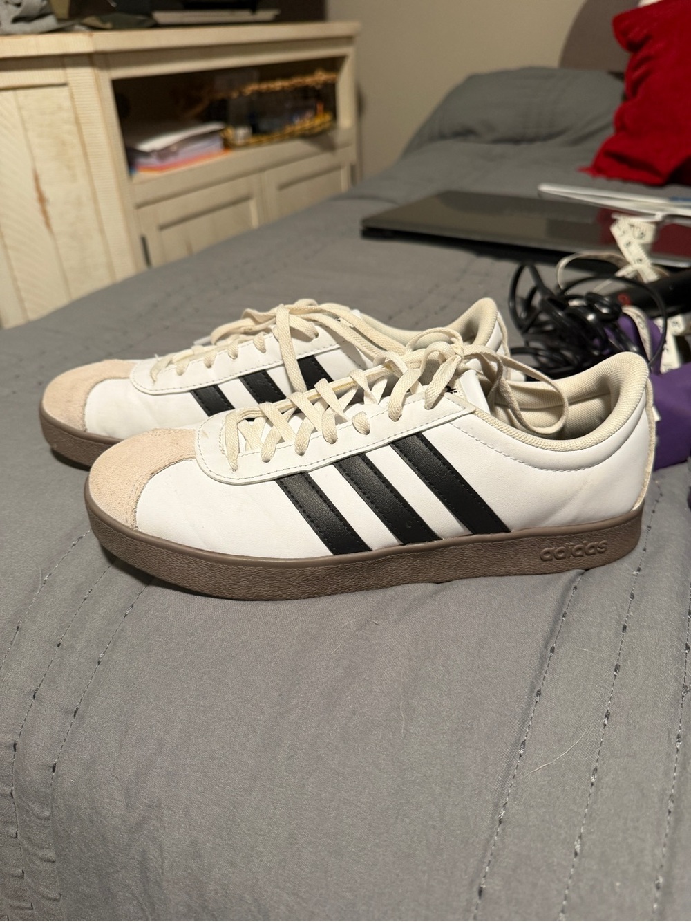 adidas White Sneakers with Black Stripes and Brown Sole